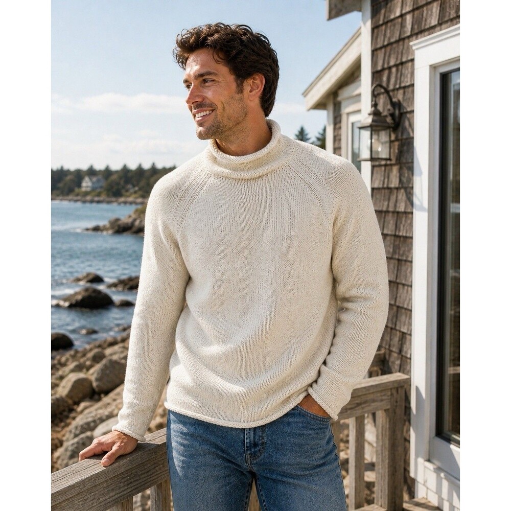 J Crew Sweater Mens L Cream 1988 Rollneck Cotton Preppy Coastal BW186